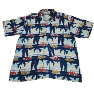 Vintage Honolulu Lulu‎ 100% Silk Hawaiian Shirt XL Vintage Cars Palms Surfboards